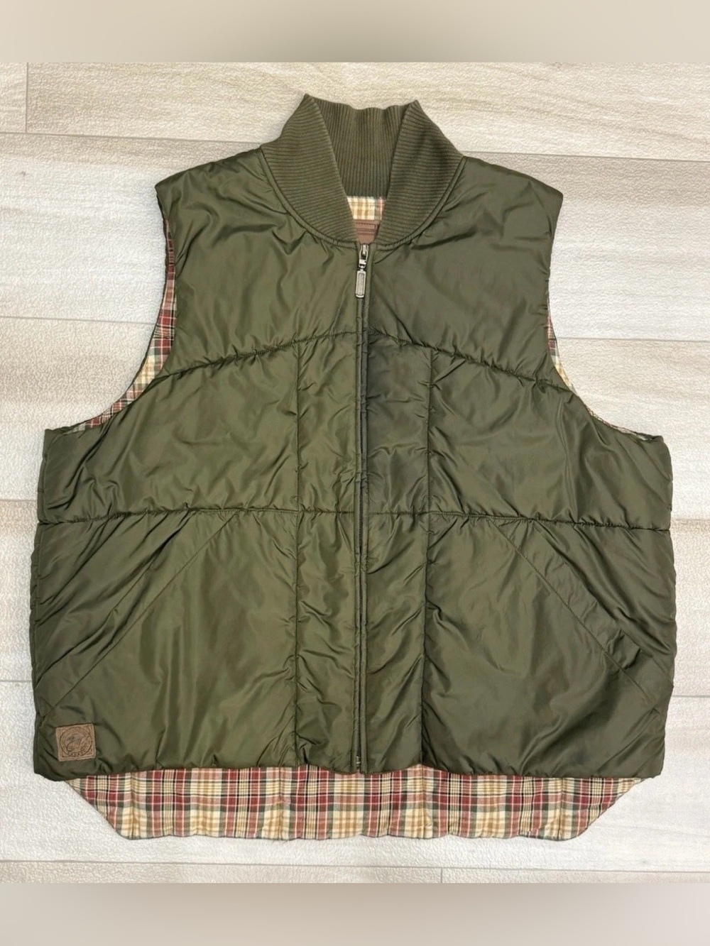 Vintage Ralph Lauren Womens Puffer Vest Sz 2X Olive Green Plaid Lining Full Zip